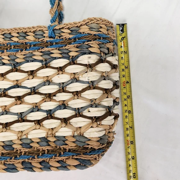 Vintage Woven Corn Husk Straw Tote Bag Purse Small Bohemian Beach Blue Braided - Picture 9 of 10